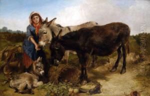Well Done, A Peasant Girl Feeds The Donkeys, Their Foal Resting Well Done, A Peasant Girl Feeds The Donkeys, Their Foal Resting
