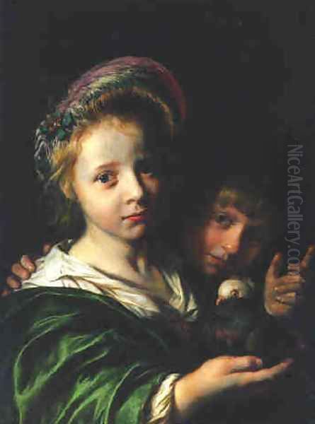 A girl holding a pigeon and a boy gesturing 1652 - view 1
