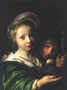 A girl holding a pigeon and a boy gesturing 1652 by Jan De Bray