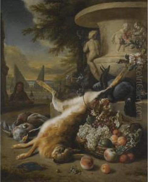 A Still Life Of Game Birds, Grouse, A Hare And A Kingfisher, With A Basket Of Fruit At The Foot Of A Stone Urn, An Ornamental Garden With A Fountain Beyond - view 1