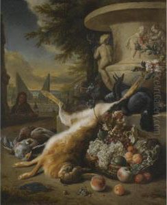 A Still Life Of Game Birds, Grouse, A Hare And A Kingfisher, With A Basket Of Fruit At The Foot Of A Stone Urn, An Ornamental Garden With A Fountain Beyond by Jan Weenix