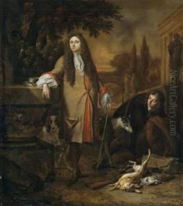 An Elegant Huntsman And His Aide With Their Bag In A Park An Elegant Huntsman And His Aide With Their Bag In A Park