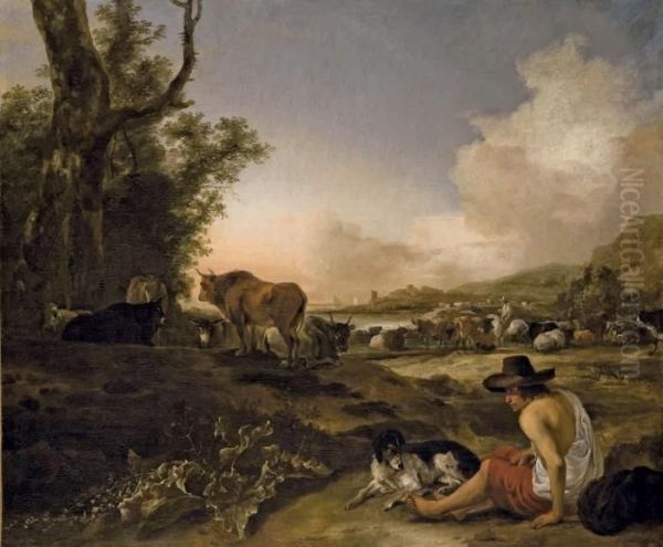 Berger Assis Dans Un Paysage Avec Son Chien - view 1
