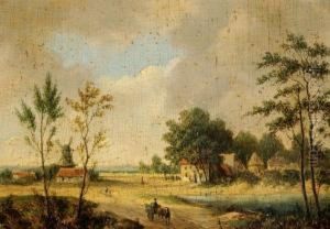 A Horse-drawn Cart On A Road Near A Village by Coenraad Alexander Weerts