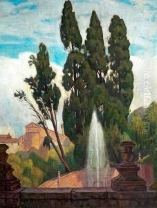 A Town With Fountain. Signed Einar Wegener by Einar, Lili Elbe Wegener