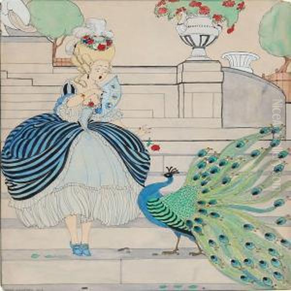 Young Girl In Rococo Dress Frightenedbyf A Peacock - view 1