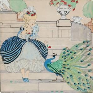 Young Girl In Rococo Dress Frightenedbyf A Peacock by Gerda Wegener