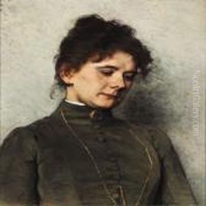 Young Reflecting Woman With Dark Curly Hair And A Grey Dress Decorated With A Medallion by Bertha Wegmann
