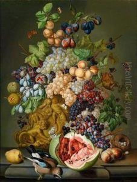 (wien 1776-1857) Groses, Dekoratives Blumenstillleben Mit Fruchten Und Eichelhaher - view 1