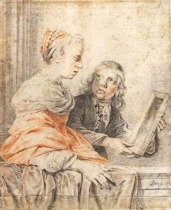 A young girl looking at her reflection in a mirror held by a page by Jan De Bray