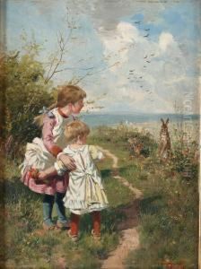 Landskap Med Barn Och Hare by Johannes Raphael Wehle