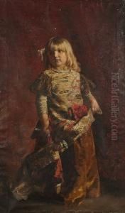 Portrait, Full Length, Of A Young Girl Holding An Unusual Doll by Johannes Raphael Wehle