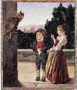 Deux Enfants Au Hibou Huile Sur Toile Signee En Bas A Droite