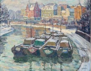 Partie An Der Saar Mit Angelegten Lastkahnen Im Winter by Otto Weil