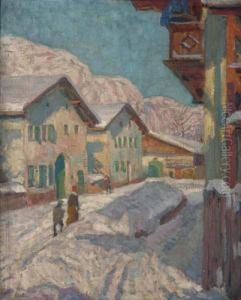 Strasenszene In Einem Gebirgsdorf Im Winter by Otto Weil
