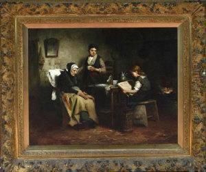 An Interior Scene With Figures Of A Grandmother, A Mother And Child Reading by Johannes Weiland