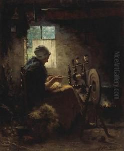 A Woman At A Spinning Wheel by Johannes Weiland