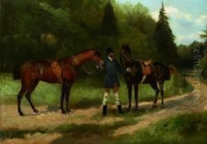 Reiter Mit Zwei Gesattelten Pferden by Anton Weinberger