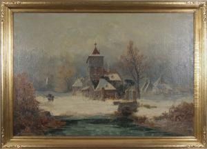Dutch Winter Scene With Church And Figures by Johann Wilhelm Weinmann