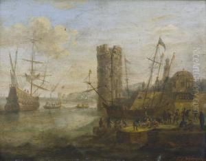 Kustenpartie Mit Segelschiff, Turm Und Staffage by Franz Edmund Weirotter