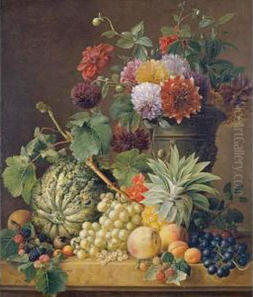 A Bouquet Of Flowers In An Urn And A Melon, A Pineapple, Grapes, Apricots, Peaches And Other Fruit All Resting On A Marble Ledge - view 1