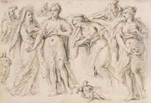 Vier Weibliche Figuren Und Figurenstudien. by Bartholomaus Ignaz Weiss