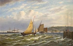 Segelschiffe Und Dampfer Vor Einer Kuste by Johann Baptist Weiss