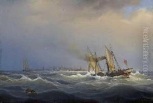 Raddampfer Vor Hollandischer Hafenstadt. by Johann Baptist Weiss