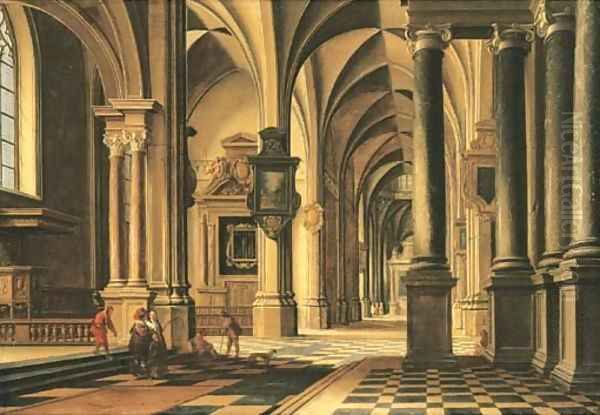 A church interior with elegant company conversing in the aisle - view 1