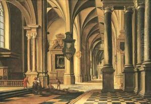 A church interior with elegant company conversing in the aisle