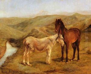 A Horse And Donkey In A Hilly Landscape