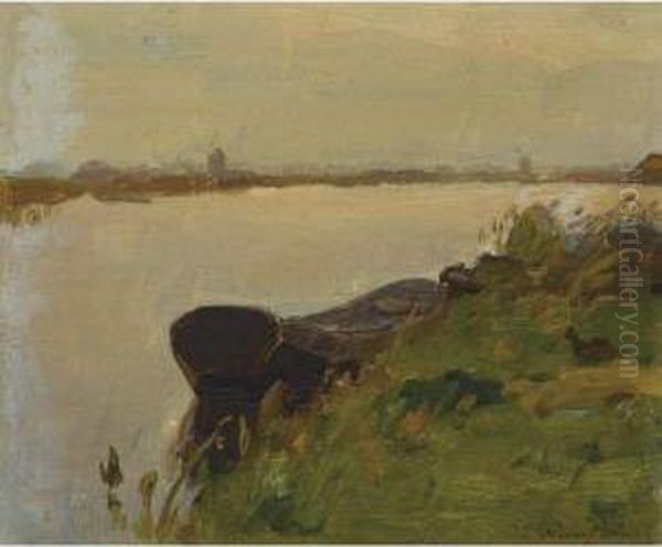 A Moored Boat In A Polder Landscape - view 1