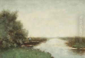 Zomerlandschap; Summer Landscape With A Fisherman by Jan Hendrik Weissenbruch