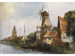 Windmuhle Und Fischerhauser Indelft by Jan Hendrik Weissenbruch
