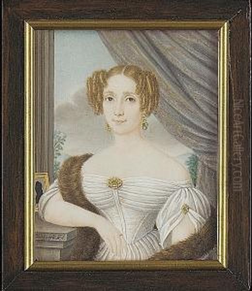 A Lady, Seated By A Window, Wearing White Dress And Fur Stole, A Gold And Emerald Brooch At Her Corsage, Matching Brooch And Earrings, A Silhouette By Her Side - view 1