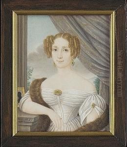A Lady, Seated By A Window, Wearing White Dress And Fur Stole, A Gold And Emerald Brooch At Her Corsage, Matching Brooch And Earrings, A Silhouette By Her Side