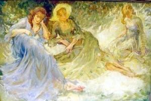Hree Female Figures Semi-reclining And Wearing Summer Dresses, "sprigged Muslin" Hree Female Figures Semi-reclining And Wearing Summer Dresses, "sprigged Muslin"