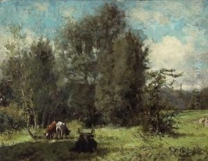 Cows Grazing In A Forest Clearing by Thaddeus Welch