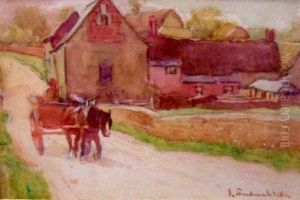 Figurehorse And Cart In Country Lane Near Cottages by John Sanderson Wells
