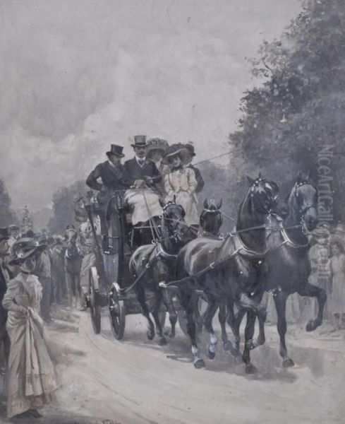 Horse-drawn Coach Passing Through A Crowded Park - view 1
