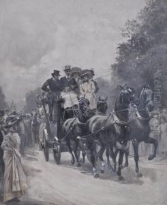Horse-drawn Coach Passing Through A Crowded Park by John Sanderson Wells