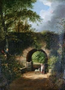 Girl With A Lamb On A Country Lane By Anarchway, With Two Young Boys Climbing A Tree by William Frederick Wells