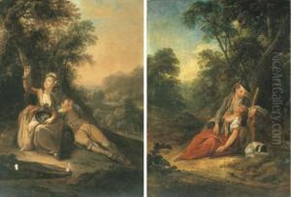 Un Musicien Et Une Bergere Endormie; Et Jeune Femme Jouant Avec Unnid D'oiseaux, Un Berger Endormi A Son Cote - view 1