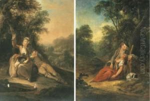 Un Musicien Et Une Bergere Endormie; Et Jeune Femme Jouant Avec Unnid D'oiseaux, Un Berger Endormi A Son Cote by Gottlieb Welte