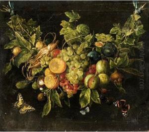 A Swag Of Fruits Hanging From Blue Ribbons With Butteflies Flying Nearby by Ernestine Wendel