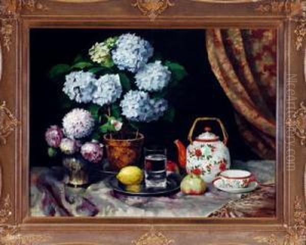 Stilleben Mit Blumen, Obst Und Geschirr - view 1