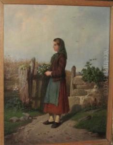 Madchen Mit Blumenstraus Vor Getreidefeld