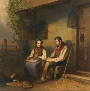 Couple Reading Outside A Cottage With Their Dog