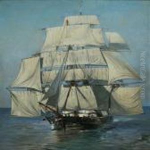Seascape With Sailingship In Calm Waters by Albert Wenk