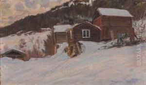 Vinterlandskap Med Gard Og Mennesker by Niels Gustav Wentzel